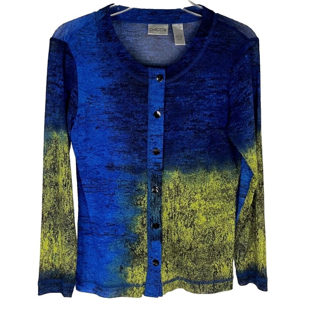 Chico's Blue and Yellow Ombre Button Front Cardigan